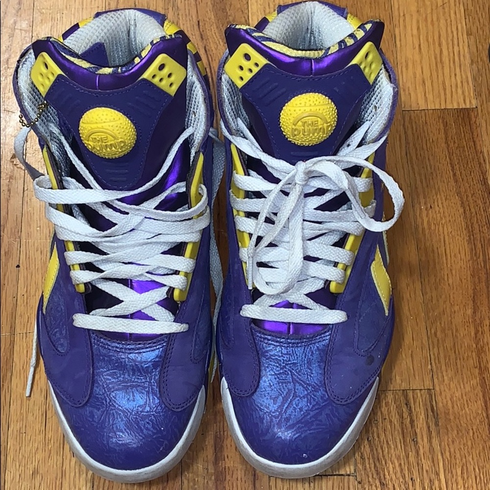 Size 10.5  REEBOK SHAQ PUMPS.  LAKERS.  (Preowned)